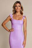 Lilac Sheath Square Neck Satin Maxi Bridesmaid Dress with Slit