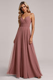 Vintage Mauve A Line Backless Ruched Maxi Bridesmaid Dress