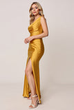 Gold One Shoulder Sheath Satin Maxi Bridesmaid Dress with Slit