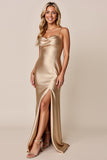 Gold Sheath Satin Spaghetti Straps Maxi Bridesmaid Dress with Slit