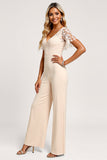 Apricot V-Neck Maxi Bridesmaid Jumpsuit with Lace