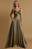 Olive A Line Satin Spaghetti Straps Ruched Maxi Bridesmaid Dress