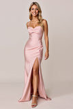 Blush Mermaid Satin Spaghetti Straps Maxi Bridesmaid Dress with Slit