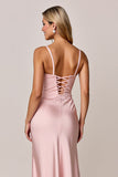 Blush Mermaid Satin Spaghetti Straps Maxi Bridesmaid Dress with Slit