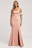 Blush Mermaid Satin Square Neck Maxi Bridesmaid Dress with Slit