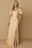Champagne Sheath Satin V-Neck Maxi Bridesmaid Dress with Slit