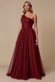 Cabernet A Line One Shoulder Maxi Bridesmaid Dress
