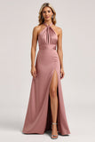 Dust Rose A Line Halter Satin Backless Maxi Bridesmaid Dress with Slit