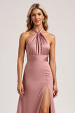 Dust Rose A Line Halter Satin Backless Maxi Bridesmaid Dress with Slit