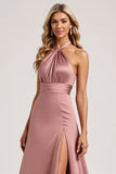 Dust Rose A Line Halter Satin Backless Maxi Bridesmaid Dress with Slit