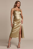 Gold Sheath Spaghetti Straps Satin Midi Bridesmaid Dress with Slit