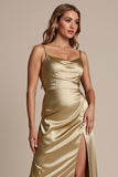 Gold Sheath Spaghetti Straps Satin Midi Bridesmaid Dress with Slit