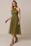 Olive A Line Pleated Halter Midi Bridesmaid Dress