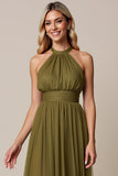 Olive A Line Pleated Halter Midi Bridesmaid Dress