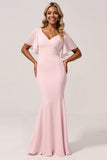 Candy Pink Mermaid V-Neck Chiffon Maxi Bridesmaid Dress with Flutter Sleeves
