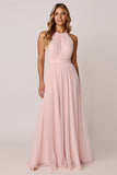 Candy Pink A Line Halter Backless Maxi Bridesmaid Dress