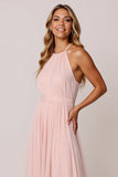 Candy Pink A Line Halter Backless Maxi Bridesmaid Dress