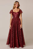 Cabernet A Line Appliqued Maxi Bridesmaid Dress with Sleeves