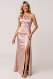 Dusty Rose Sheath One Shoulder Satin Maxi Bridesmaid Dress with Slit