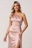 Dusty Rose Sheath One Shoulder Satin Maxi Bridesmaid Dress with Slit