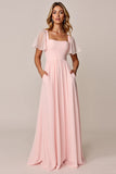 Candy Pink A Line Chiffon Maxi Bridesmaid Dress with Pocktes