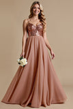 Sparkly Dusty Rose Spaghetti Straps A Line Maxi Bridesmaid Dress