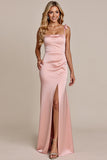 Blush Spaghetti Straps Sheath Satin Maxi Bridesmaid Dress with Slit