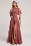Vintage Mauve A Line Flutter Sleeves Maxi Bridesmaid Dress with Slit