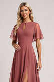 Vintage Mauve A Line Flutter Sleeves Maxi Bridesmaid Dress with Slit