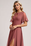 Vintage Mauve A Line Flutter Sleeves Maxi Bridesmaid Dress with Slit