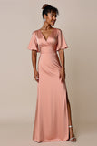 Blush Satin V-Neck Sheath Maxi Bridesmaid Dress with Slit