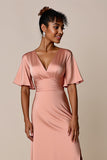 Blush Satin V-Neck Sheath Maxi Bridesmaid Dress with Slit