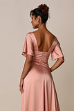 Blush Satin V-Neck Sheath Maxi Bridesmaid Dress with Slit