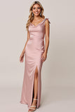 Candy Pink Satin Sheath Maxi Bridesmaid Dress with Slit