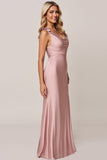 Candy Pink Satin Sheath Maxi Bridesmaid Dress with Slit