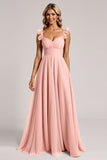 Blush A Line Ruched Maxi Bridesmaid Dress with Ruffles