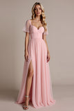 A Line Chiffon Candy Pink Maxi Bridesmaid Dress with Slit