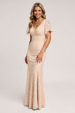 Apricot Mermaid Lace V-Neck Maxi Bridesmaid Dress