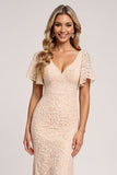 Apricot Mermaid Lace V-Neck Maxi Bridesmaid Dress