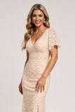 Apricot Mermaid Lace V-Neck Maxi Bridesmaid Dress