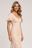Apricot Mermaid Lace V-Neck Maxi Bridesmaid Dress