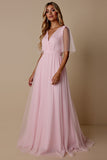 Candy Pink A Line V-Neck Maxi Flowy Bridesmaid Dress