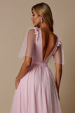 Candy Pink A Line V-Neck Maxi Flowy Bridesmaid Dress