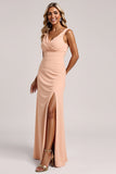 Blush V-Neck Sheath Ruched Maxi Bridesmaid Dress with Slit
