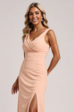 Blush V-Neck Sheath Ruched Maxi Bridesmaid Dress with Slit