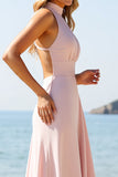 Candy Pink High Neck Chiffon Boho Maxi Bridesmaid Dress
