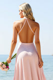 Candy Pink High Neck Chiffon Boho Maxi Bridesmaid Dress