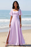 Lilac Flutter Sleeves Chiffon A Line Boho Maxi Bridesmaid Dress