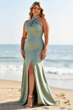 Eucalyptus Plus Size Satin Boho Maxi Bridesmaid Dress with Slit