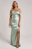 Sage Green Cold Shoulder Satin Maxi Bridesmaid Dress with Slit
